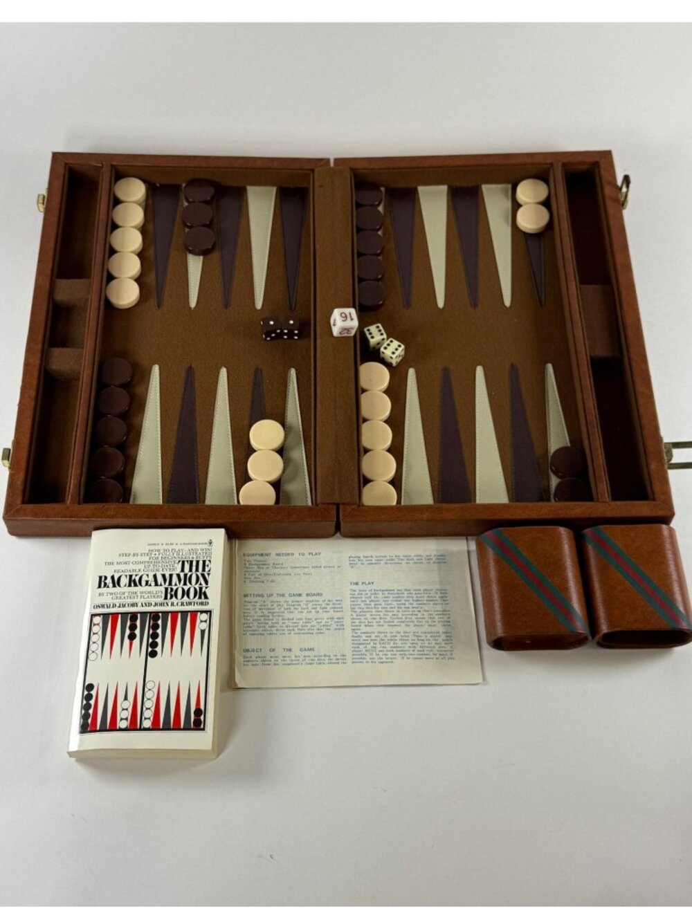 Vintage Faux Leather Backgammon Set Carry Case Dice Instructions Complete Game